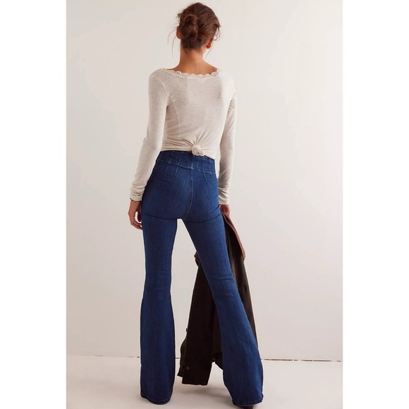 Free People Jayde Flare Jeans High Rise Bell Bottoms in Dark Wash Denim - Picture 10 of 12